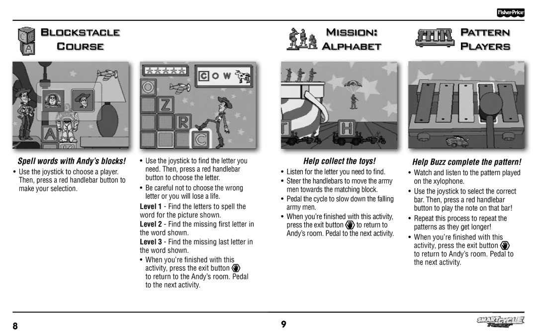 Fisher-Price T6355 manual Blockstacle Mission Pattern Course Alphabet Players, Help collect the toys 