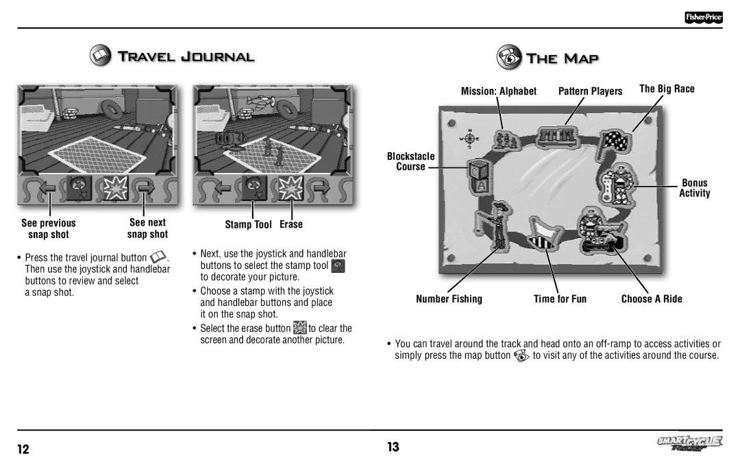 Fisher-Price T6355 manual Travel Journal Map, Mission Alphabet Pattern Players, Blockstacle Course Bonus Activity 