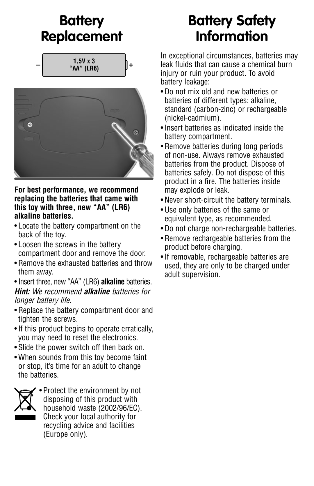 Fisher-Price T7157 manual Battery Safety 