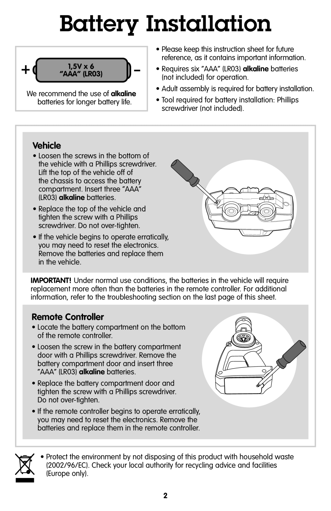 Fisher-Price T7158 manual Battery Installation, 5V x AAA LR03 