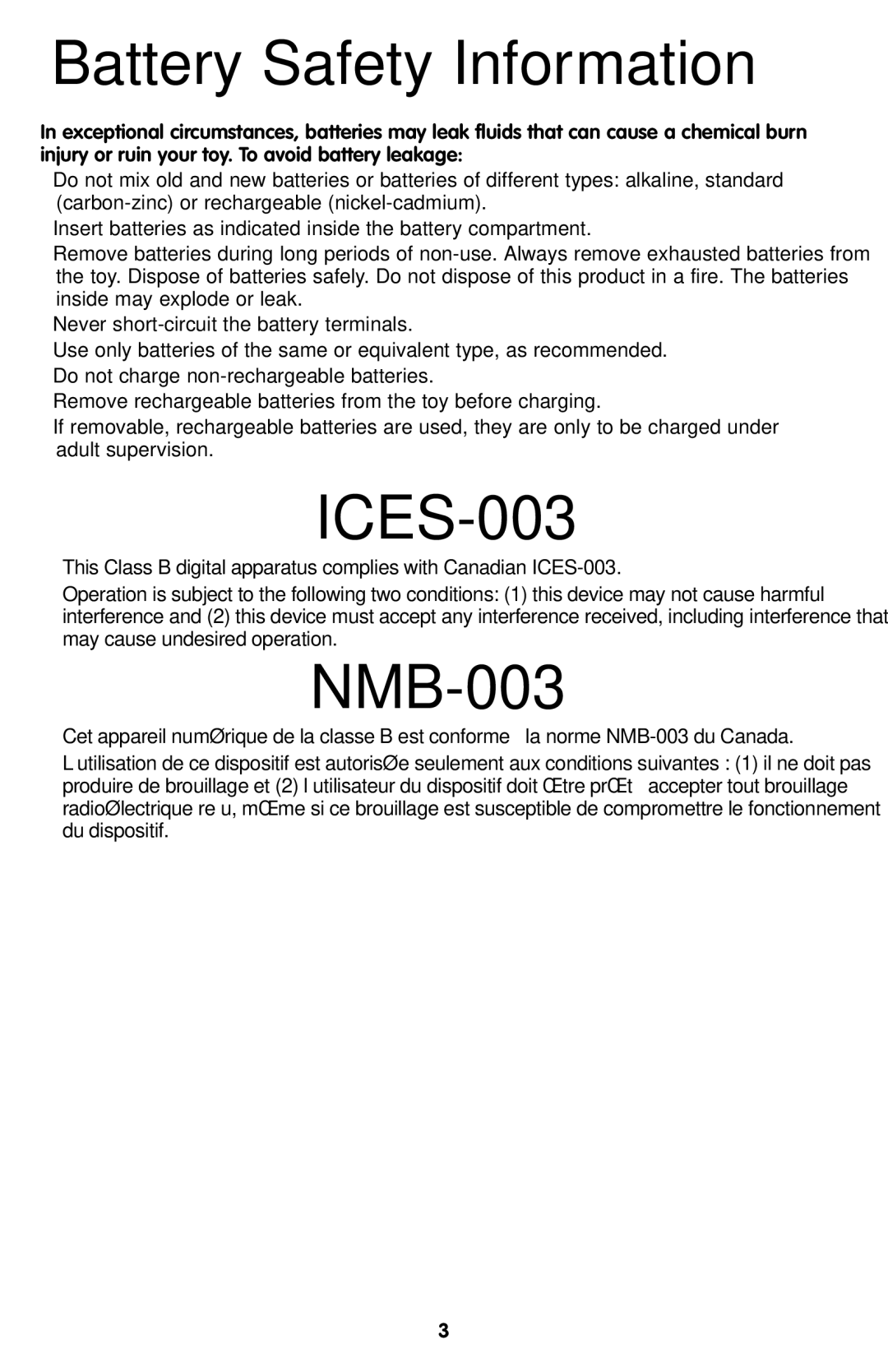 Fisher-Price T7158 manual Battery Safety Information, ICES-003, NMB-003 