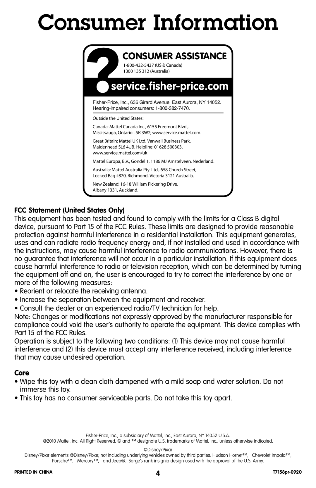 Fisher-Price T7158 manual Consumer Information, FCC Statement United States Only, Care 