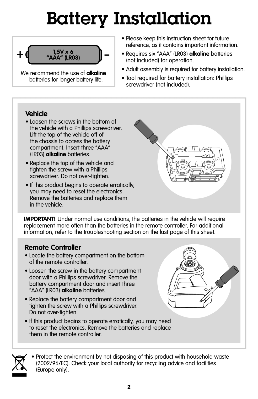 Fisher-Price T7159 manual Battery Installation, 5V x AAA LR03 