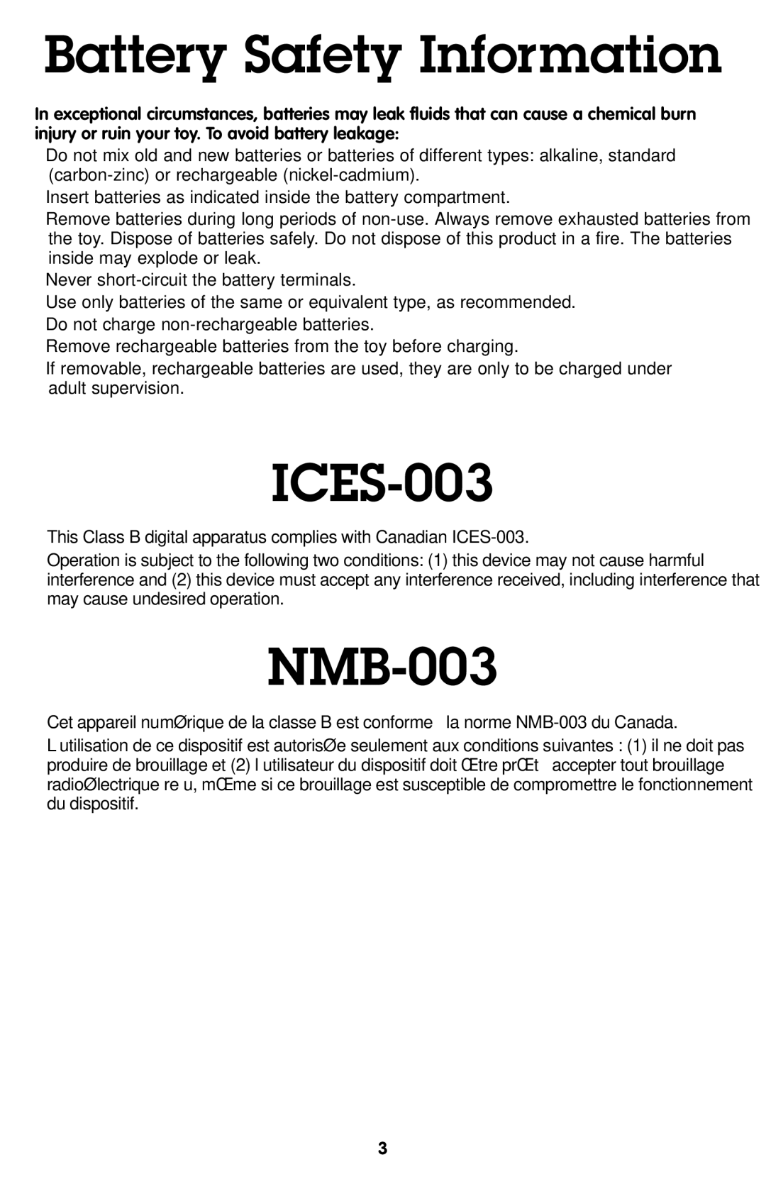 Fisher-Price T7159 manual Battery Safety Information, ICES-003, NMB-003 