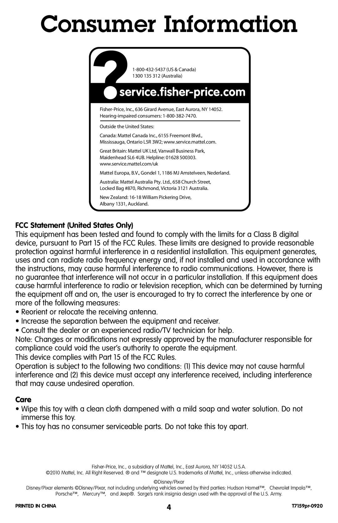 Fisher-Price T7159 manual Consumer Information, FCC Statement United States Only, Care 