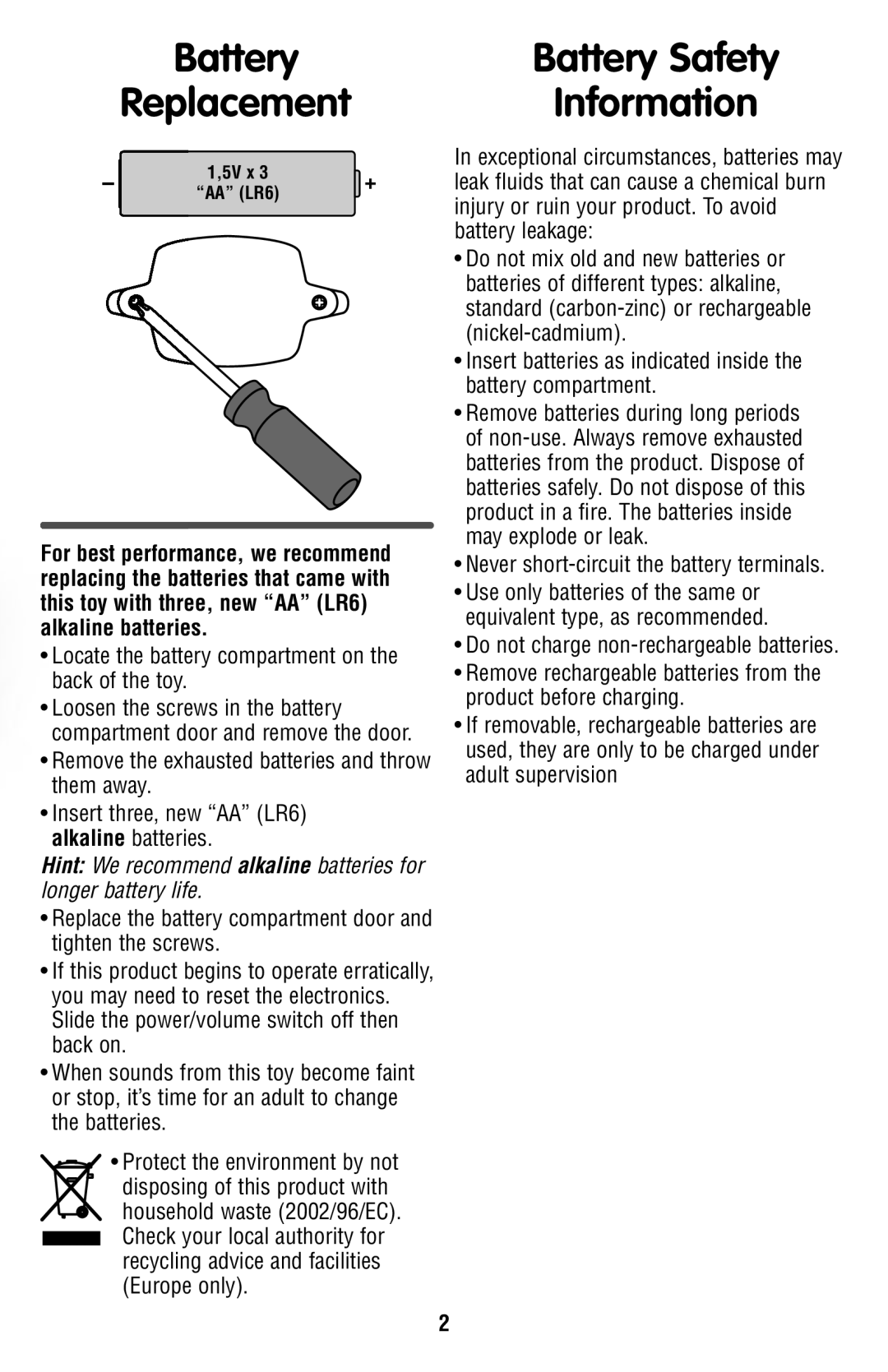 Fisher-Price T7164 manual Battery Battery Safety Replacement Information 