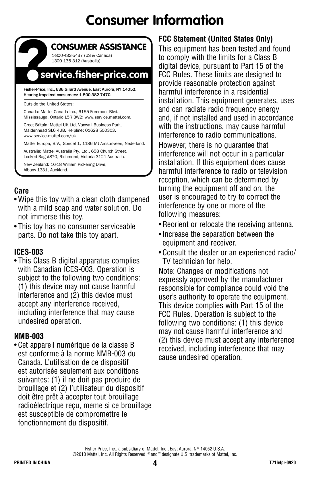 Fisher-Price T7164 manual Consumer Information, Care, ICES-003, NMB-003, FCC Statement United States Only 