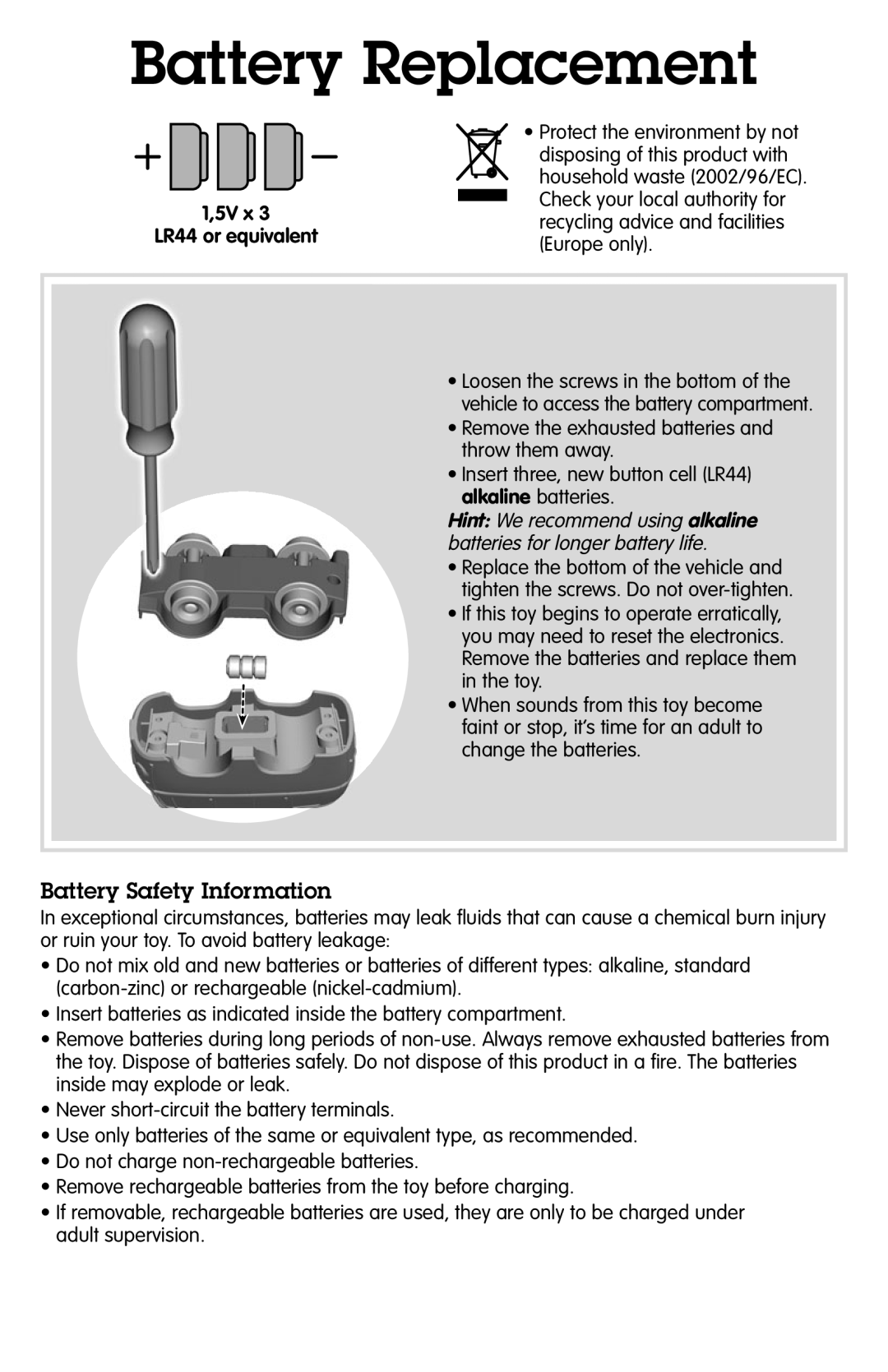 Fisher-Price T7959 instruction sheet Battery Replacement, Battery Safety Information 