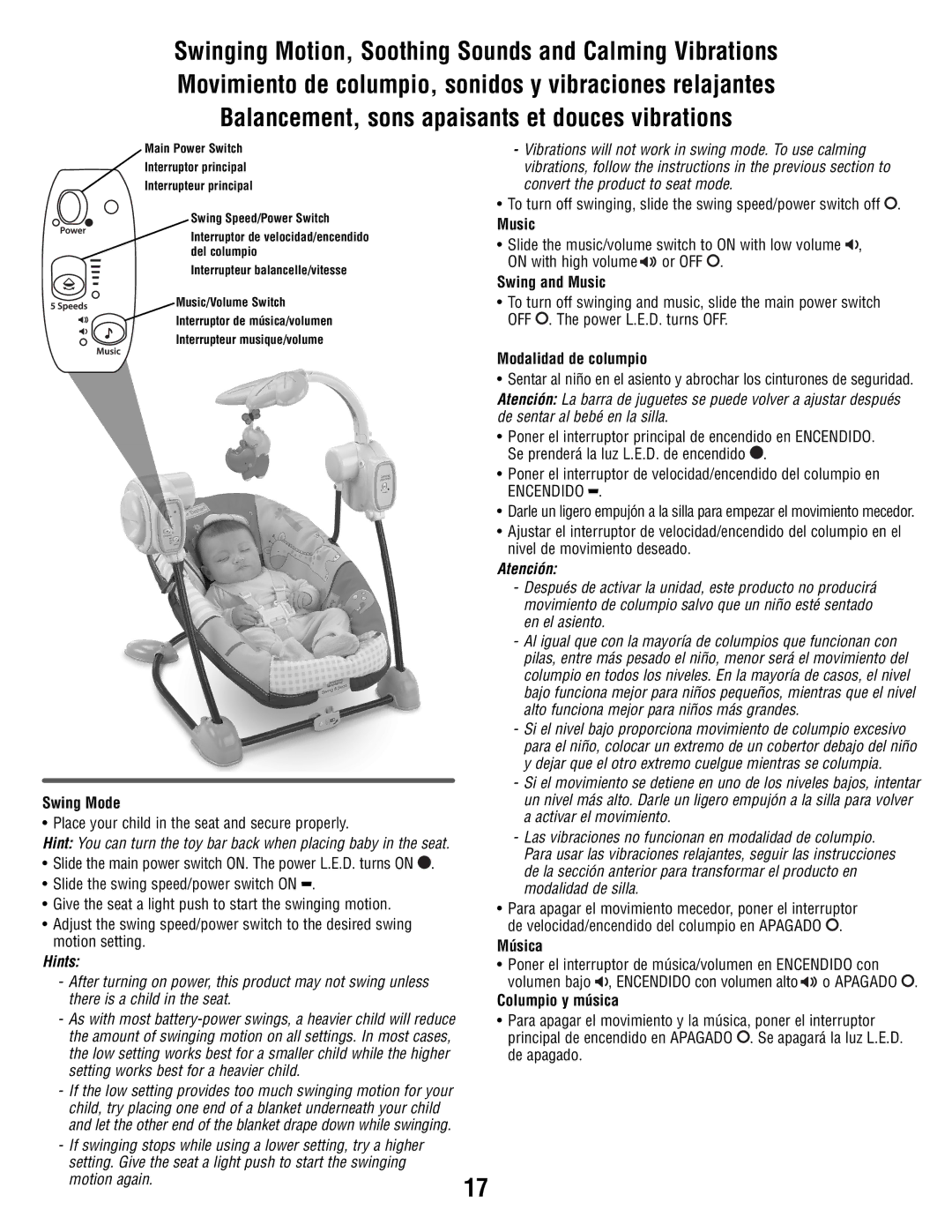 Fisher-Price T8377 manual Swing Mode, Swing and Music, Modalidad de columpio, Música, Columpio y música 