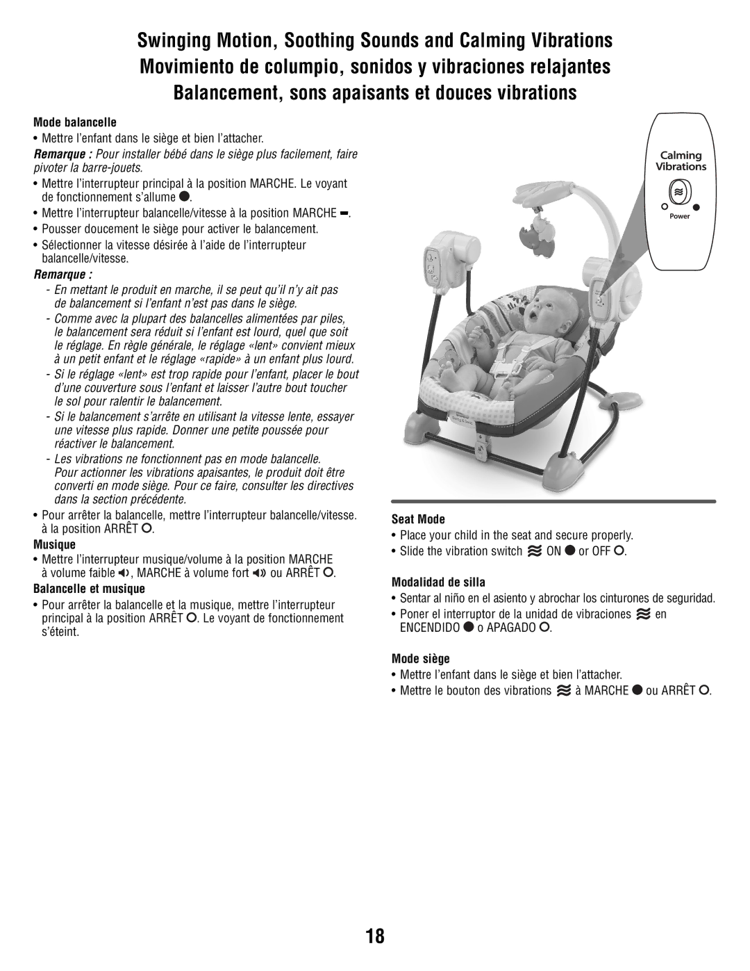 Fisher-Price T8377 manual Mode balancelle, Musique, Balancelle et musique, Seat Mode, Modalidad de silla, Mode siège 