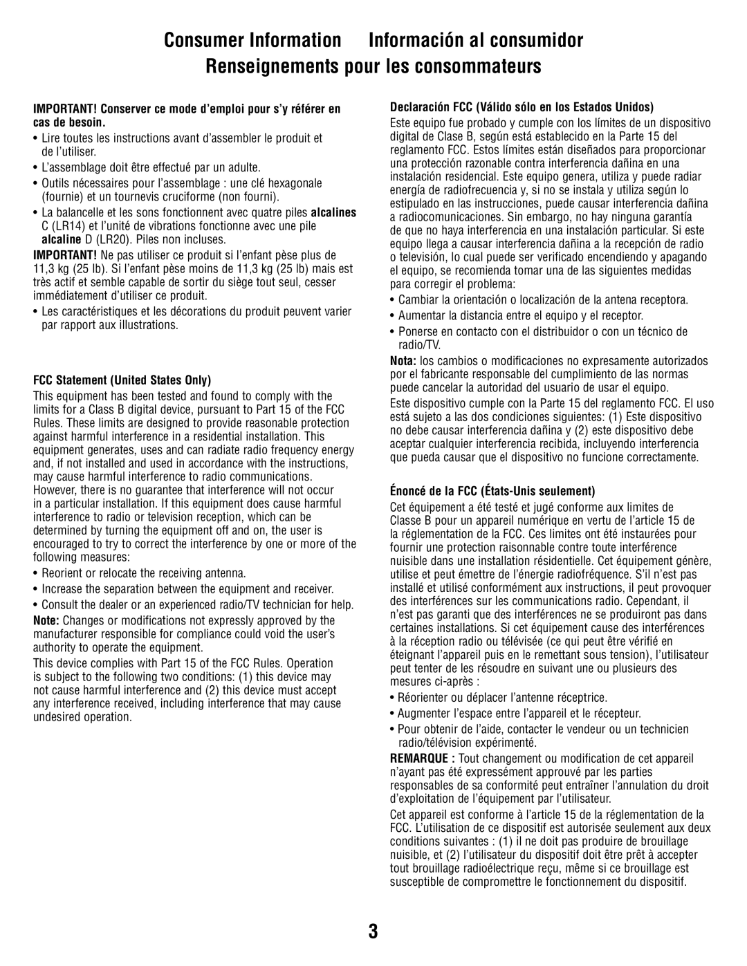 Fisher-Price T8377 manual FCC Statement United States Only, Declaración FCC Válido sólo en los Estados Unidos 