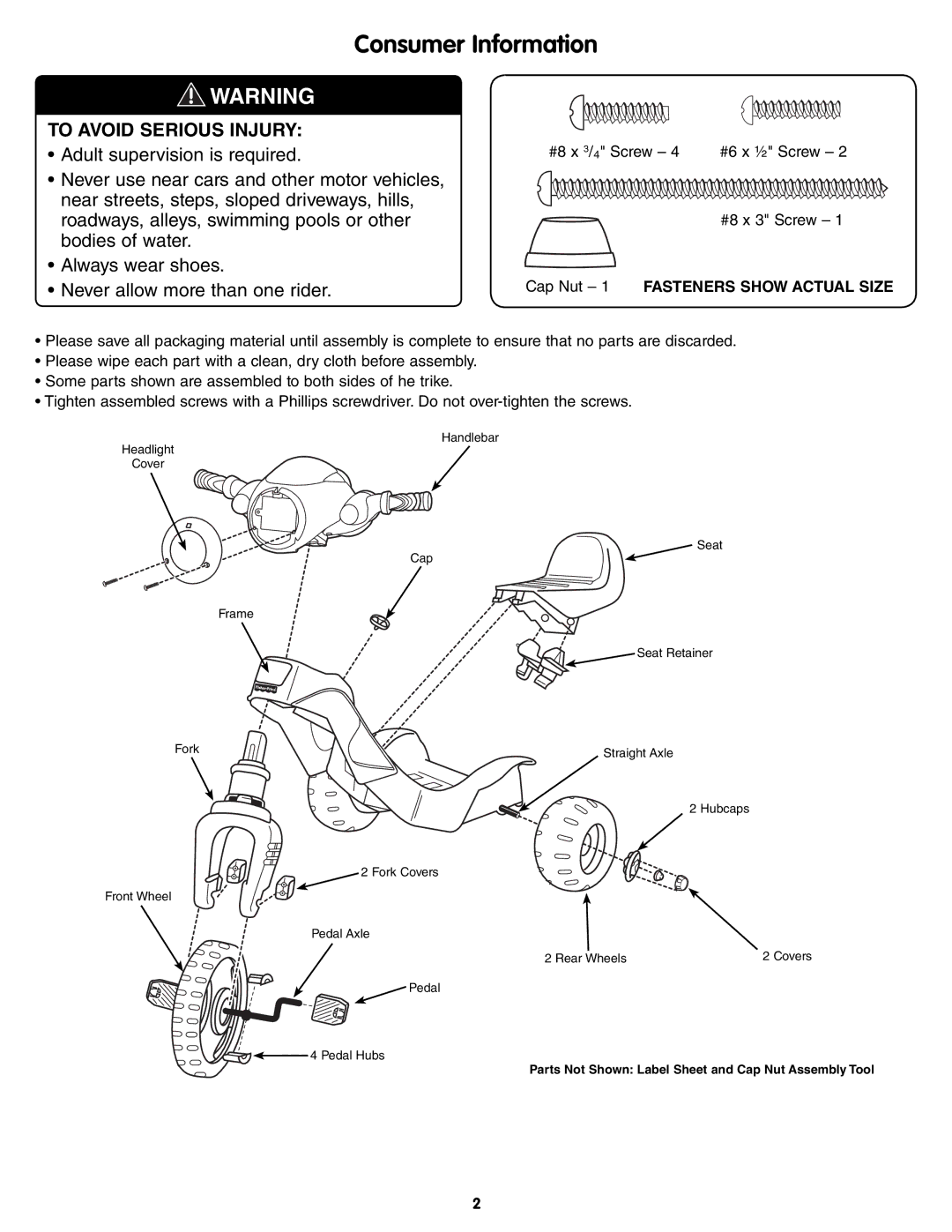 Fisher-Price T8822 instruction sheet Consumer Information, Cap Nut 1 Fasteners Show Actual Size 