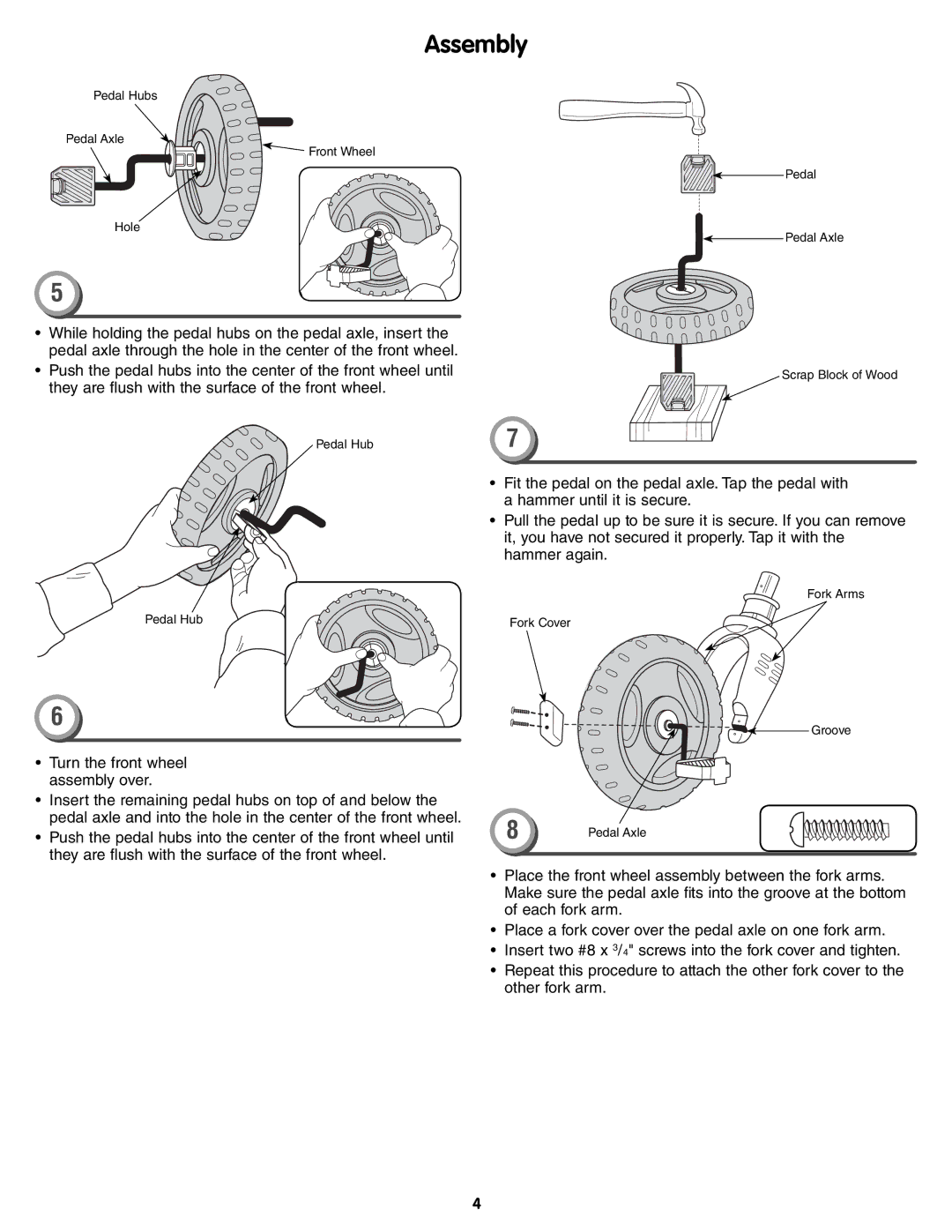 Fisher-Price T8822 instruction sheet Pedal Hubs Pedal Axle Front Wheel Hole 