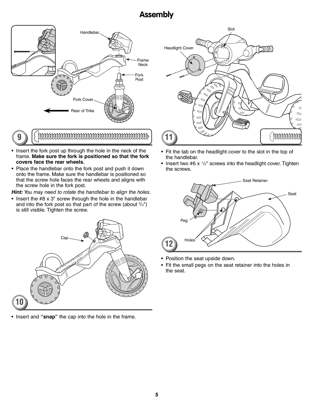 Fisher-Price T8822 instruction sheet Hint You may need to rotate the handlebar to align the holes 