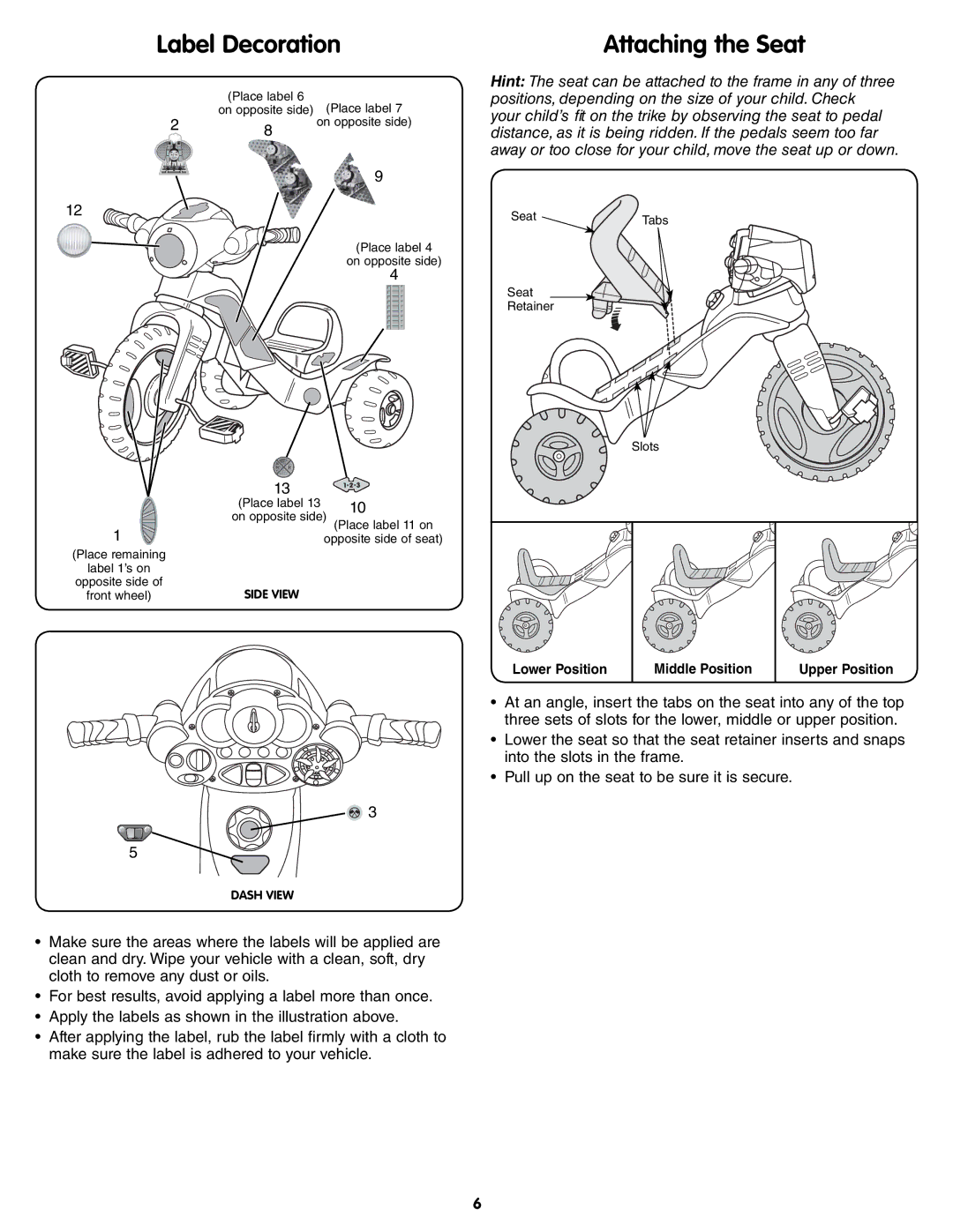 Fisher-Price T8822 instruction sheet Label Decoration, Attaching the Seat 