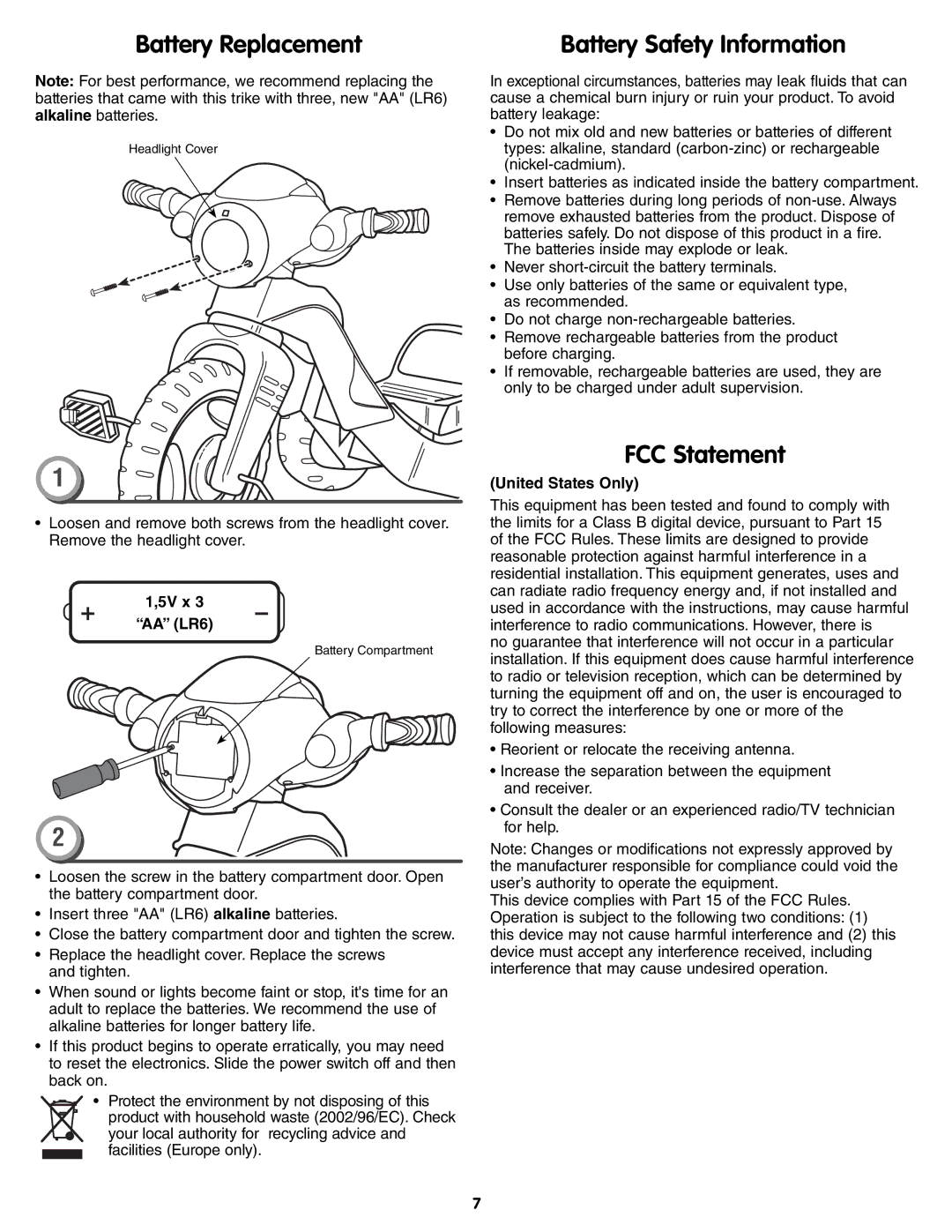 Fisher-Price T8822 Battery Replacement, Battery Safety Information, FCC Statement, 5V x AA LR6, United States Only 