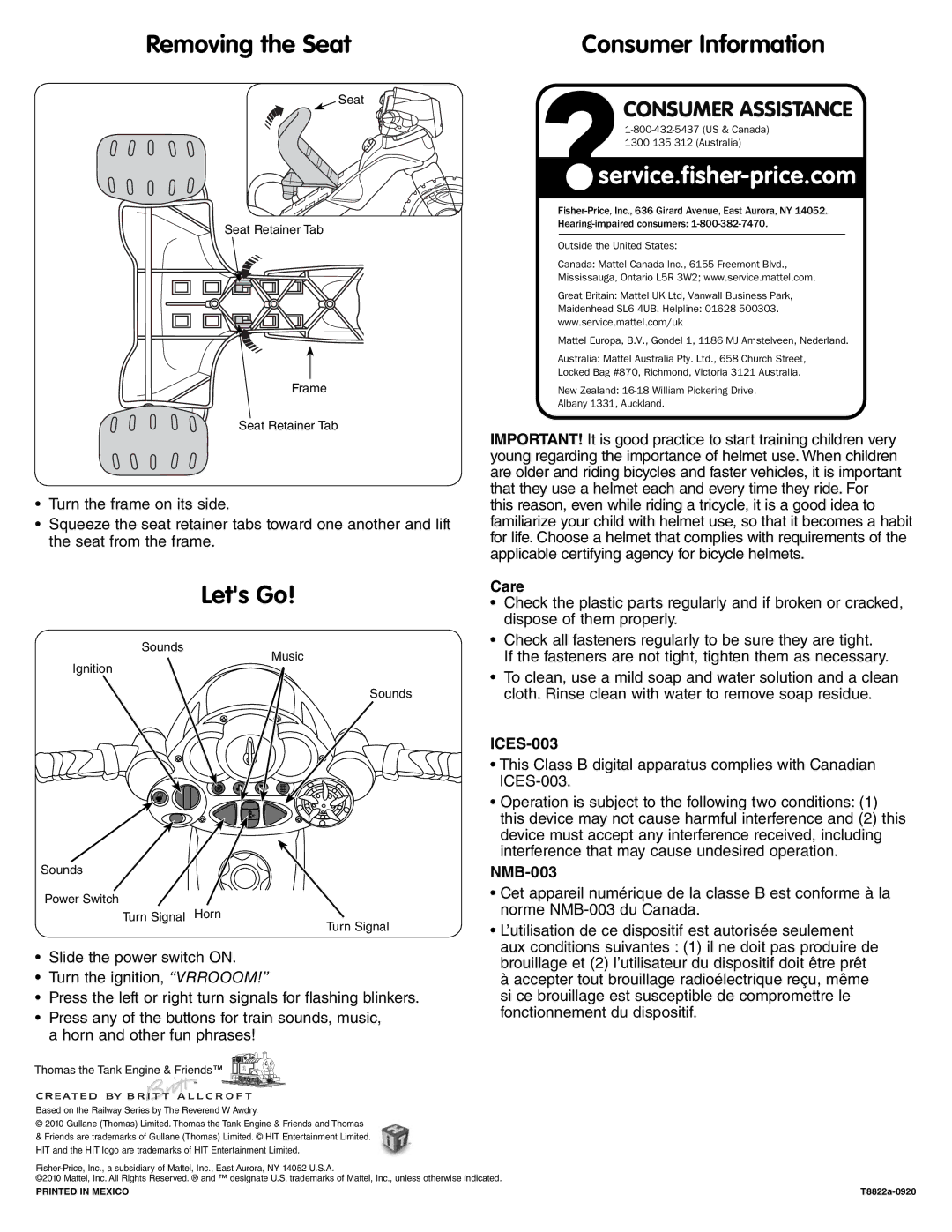 Fisher-Price T8822 instruction sheet Removing the Seat, Lets Go, Care, ICES-003, NMB-003 