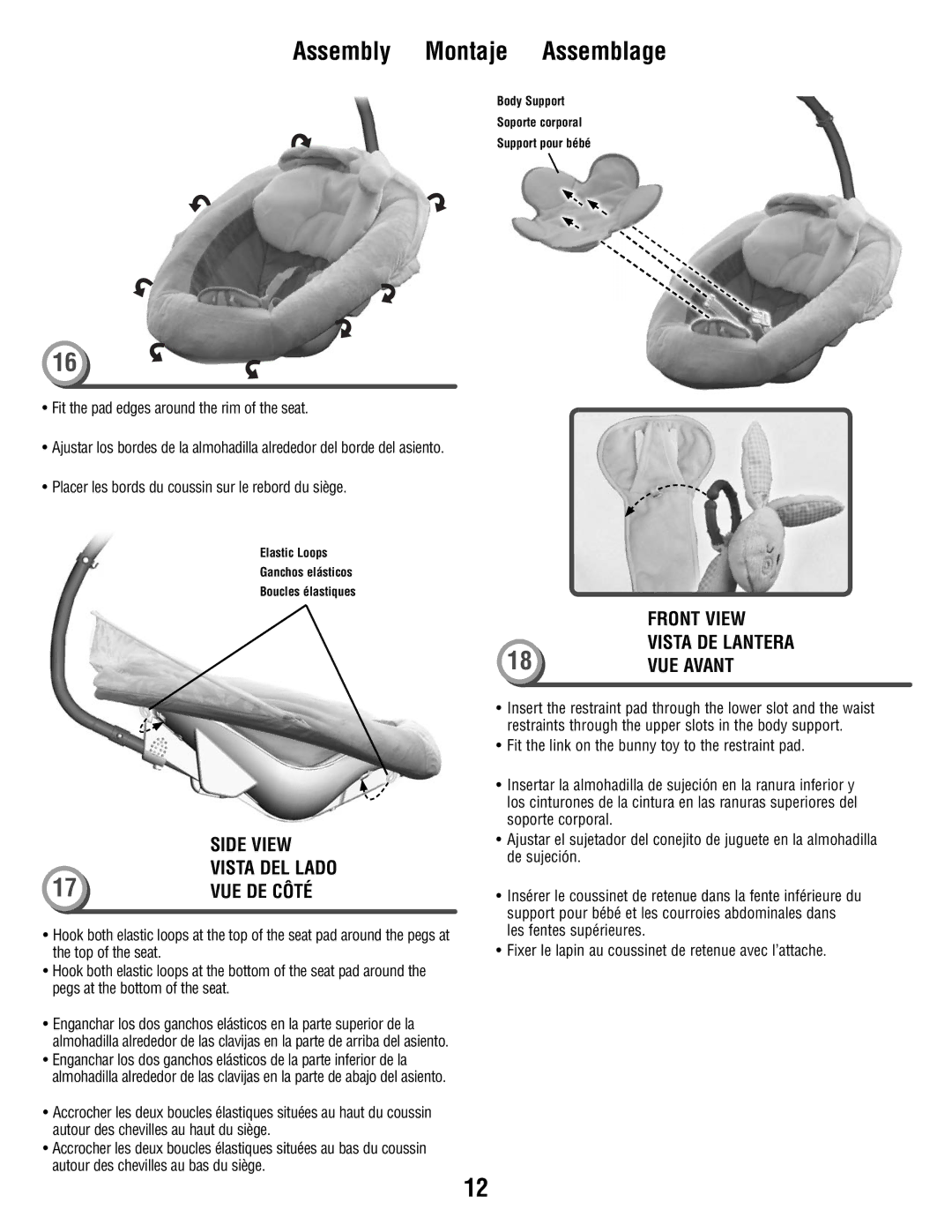 Fisher-Price V0099 manual Fit the pad edges around the rim of the seat, Placer les bords du coussin sur le rebord du siège 