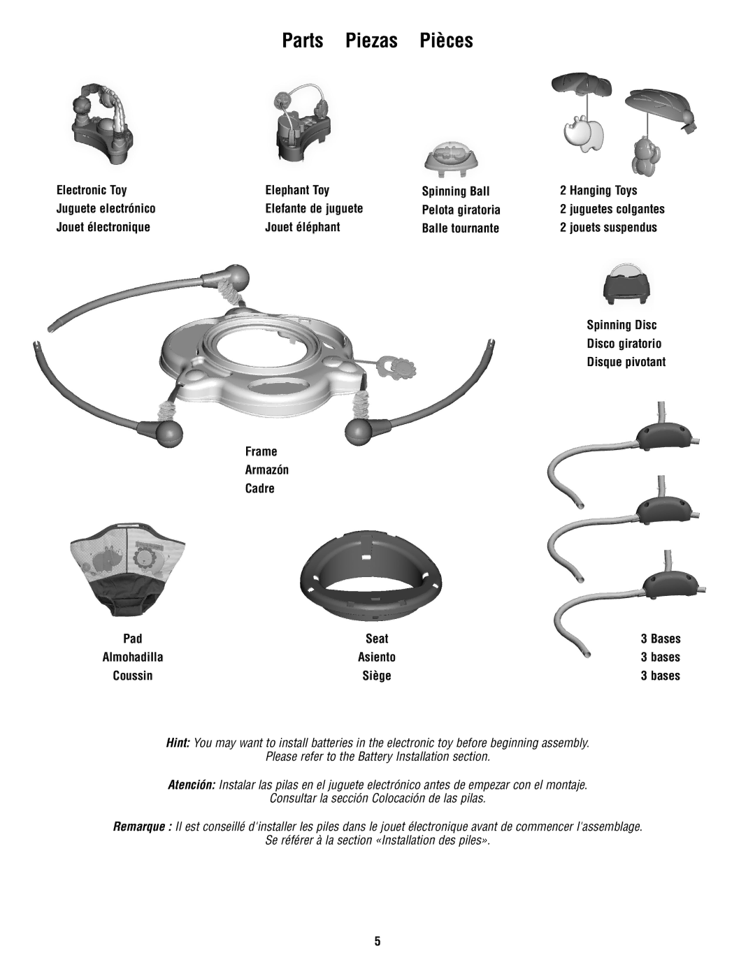Fisher-Price V4556, V0206 manual Parts Piezas Pièces, Jouet électronique Jouet éléphant Balle tournante 