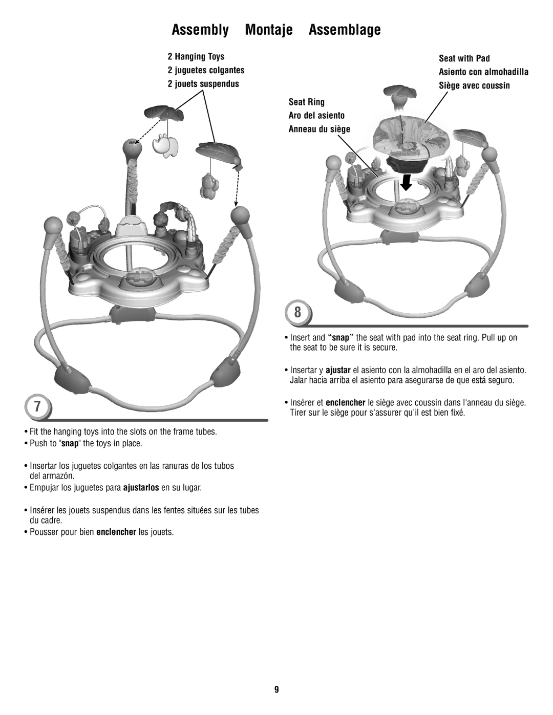 Fisher-Price V4556, V0206 manual Hanging Toys Seat with Pad, Siège avec coussin, Seat Ring, Aro del asiento, Anneau du siège 