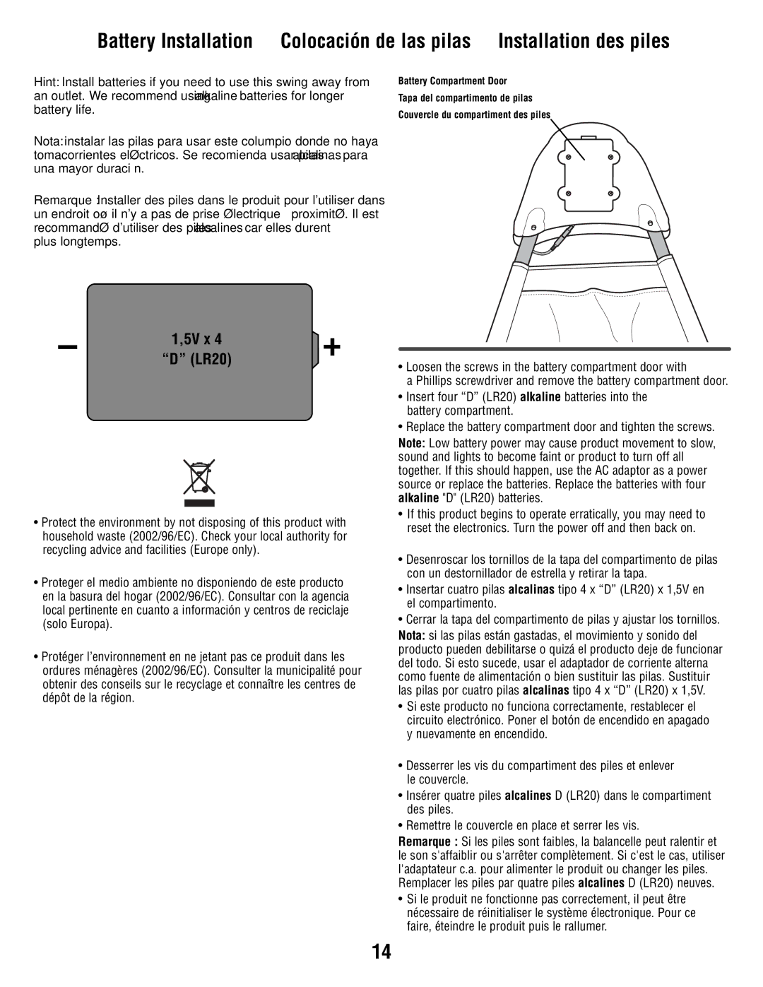 Fisher-Price V1179 manual Battery Installation Colocación de las pilas, Installation des piles 