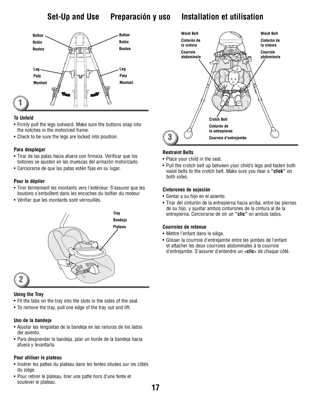 Fisher-Price V1179 manual To Unfold, Para desplegar, Pour le déplier, Restraint Belts, Using the Tray, Uso de la bandeja 