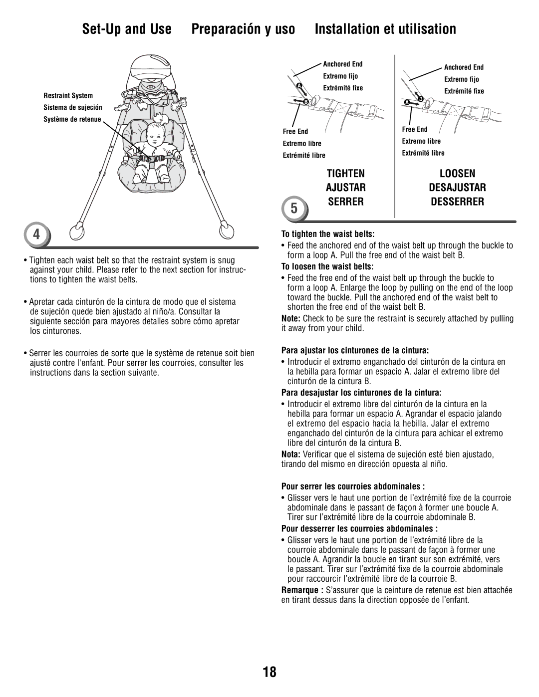 Fisher-Price V1179 manual To tighten the waist belts, To loosen the waist belts, Para ajustar los cinturones de la cintura 