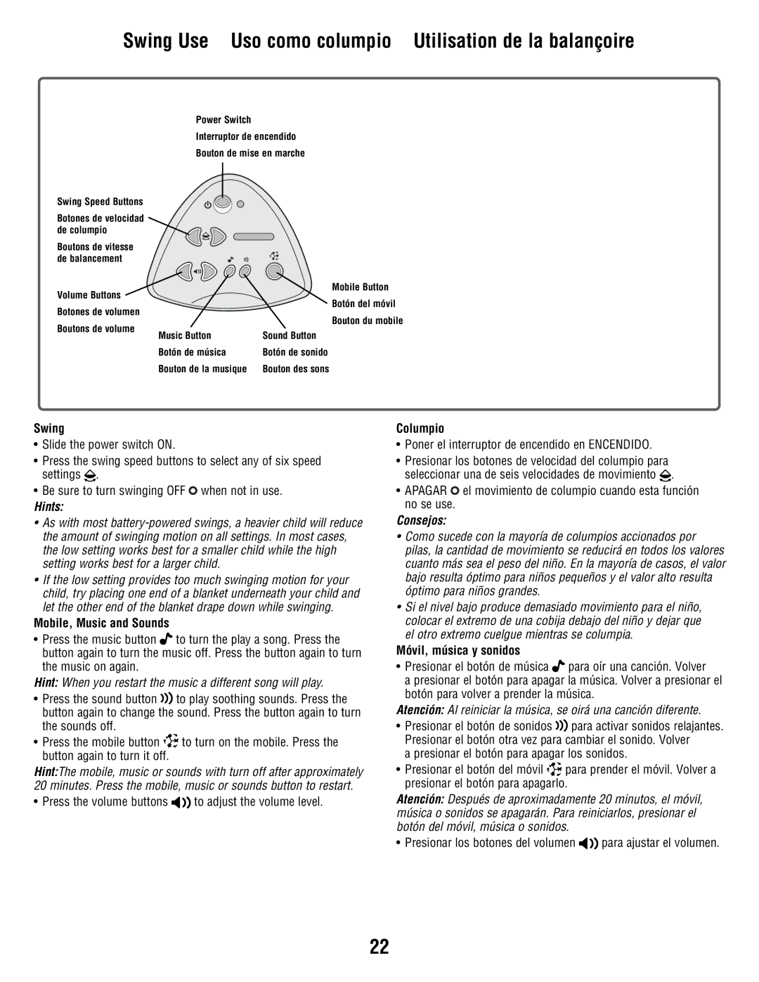 Fisher-Price V1179 manual Swing Use Uso como columpio Utilisation de la balançoire, Mobile, Music and Sounds, Columpio 