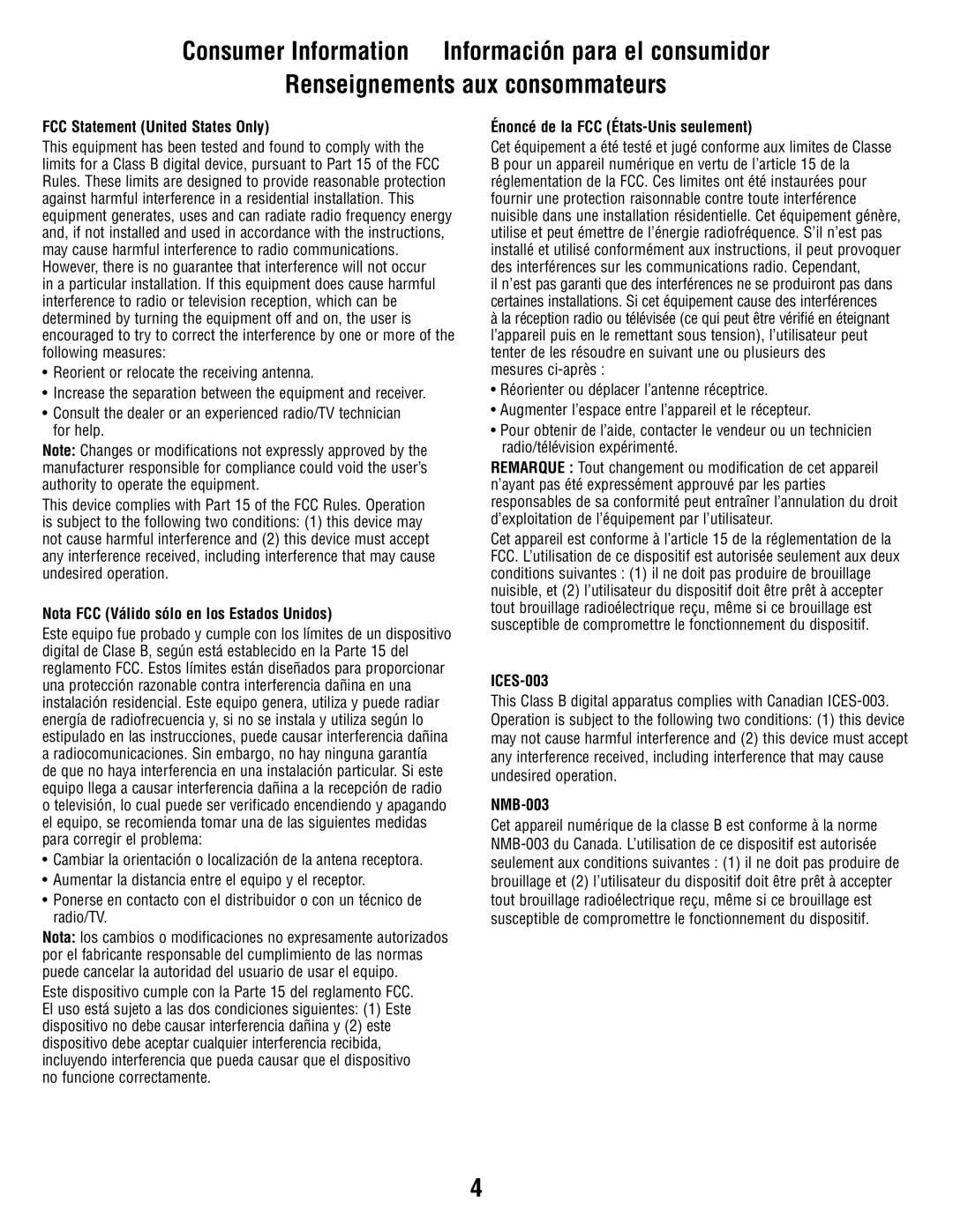 Fisher-Price V1179 manual FCC Statement United States Only, Nota FCC Válido sólo en los Estados Unidos, ICES-003, NMB-003 