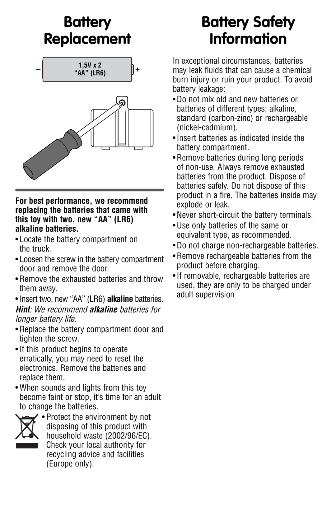 Fisher-Price V1445 manual Battery Safety 