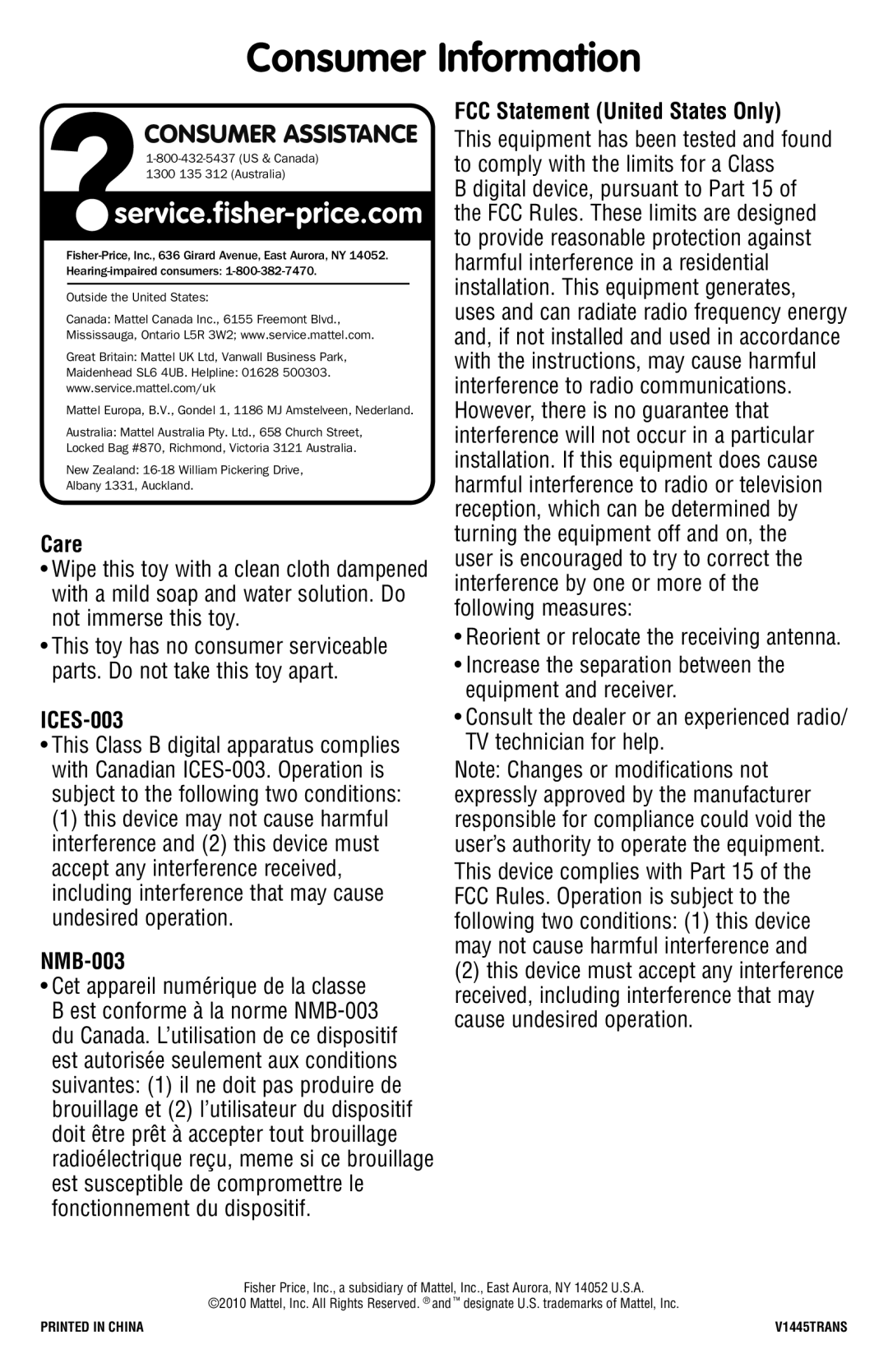 Fisher-Price V1445 manual Consumer Information, Consumer Assistance 