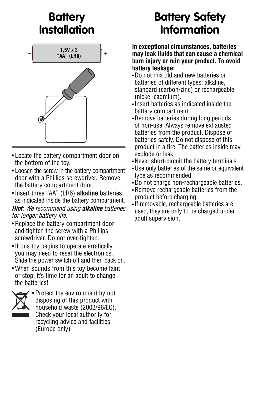 Fisher-Price V2727 instruction sheet Battery Battery Safety Installation Information 