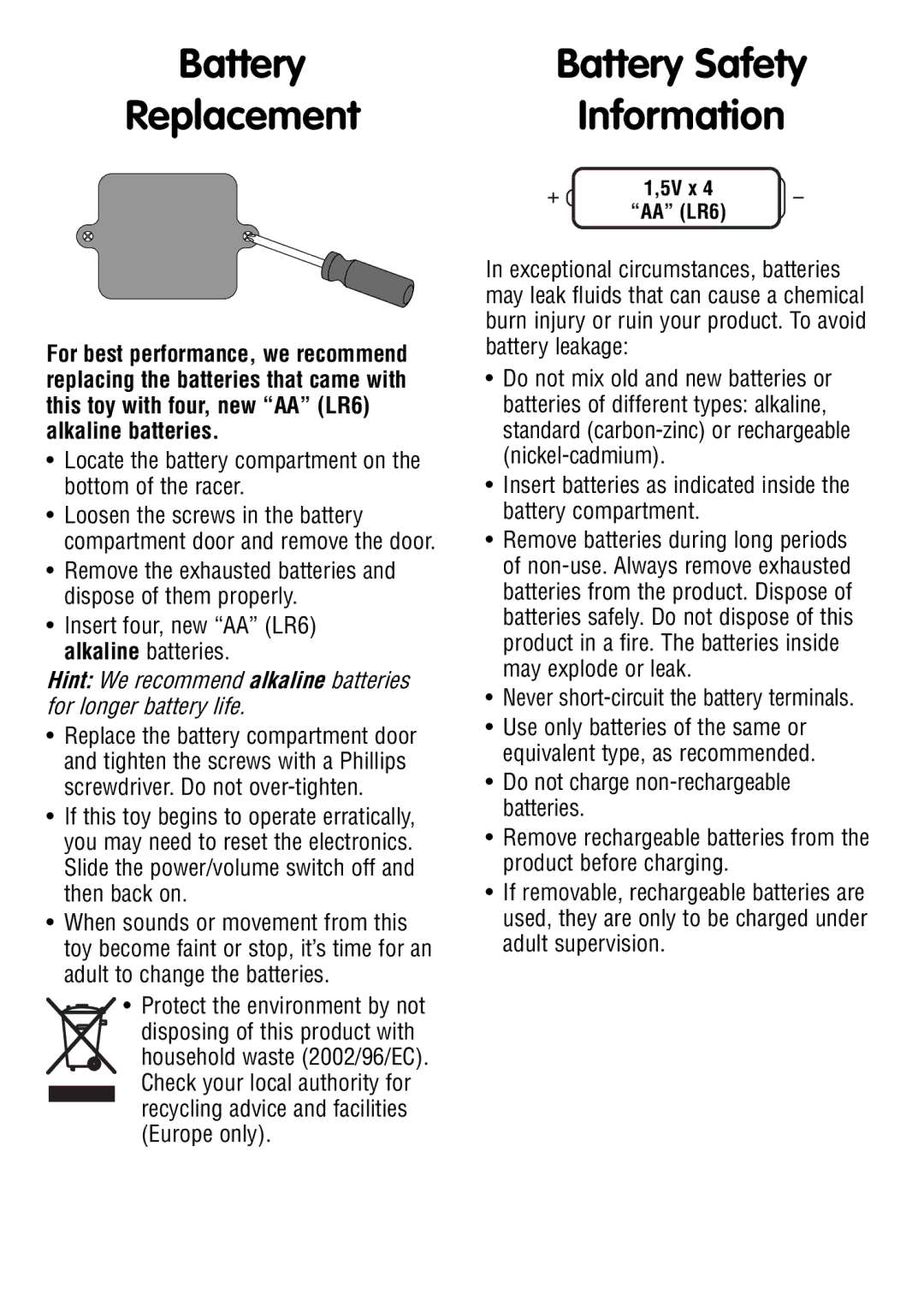 Fisher-Price V2758 instruction sheet Battery Replacement, Battery Safety Information 