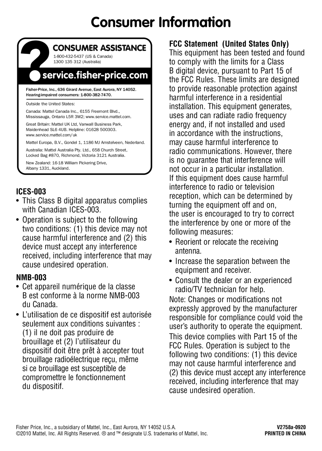 Fisher-Price V2758 instruction sheet Consumer Information, Consumer Assistance 