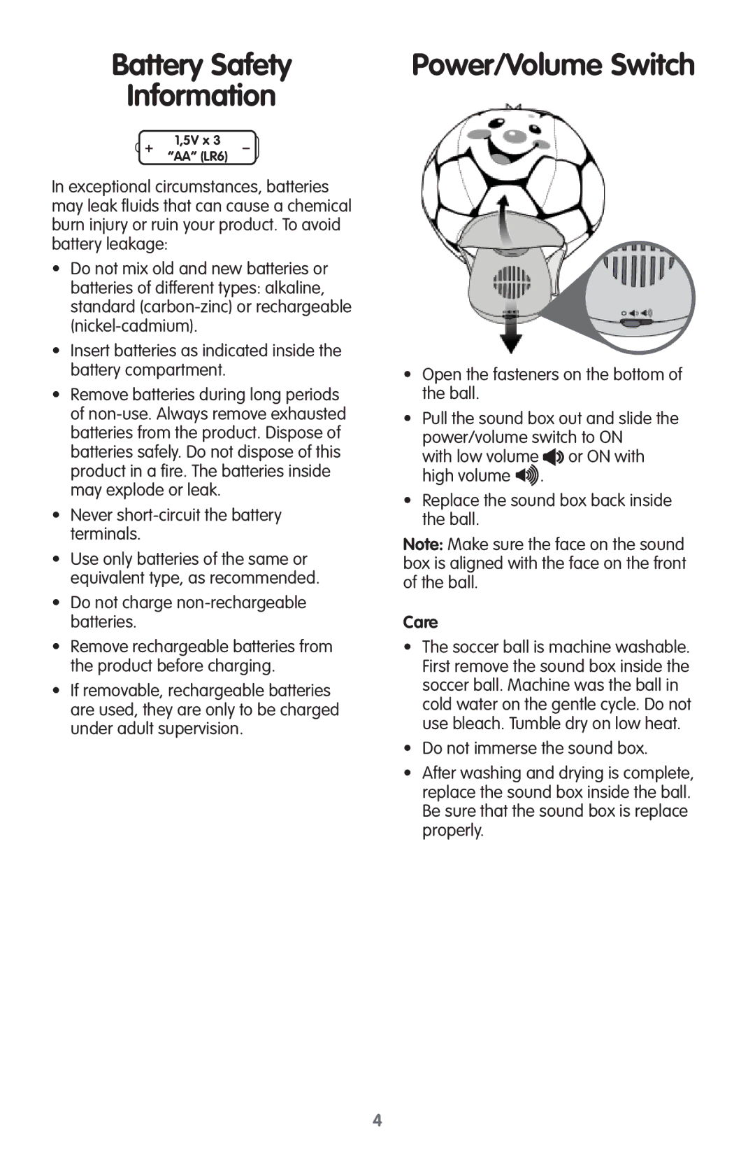 Fisher-Price V2760 instruction sheet Battery Safety Information, Power/Volume Switch, Care 