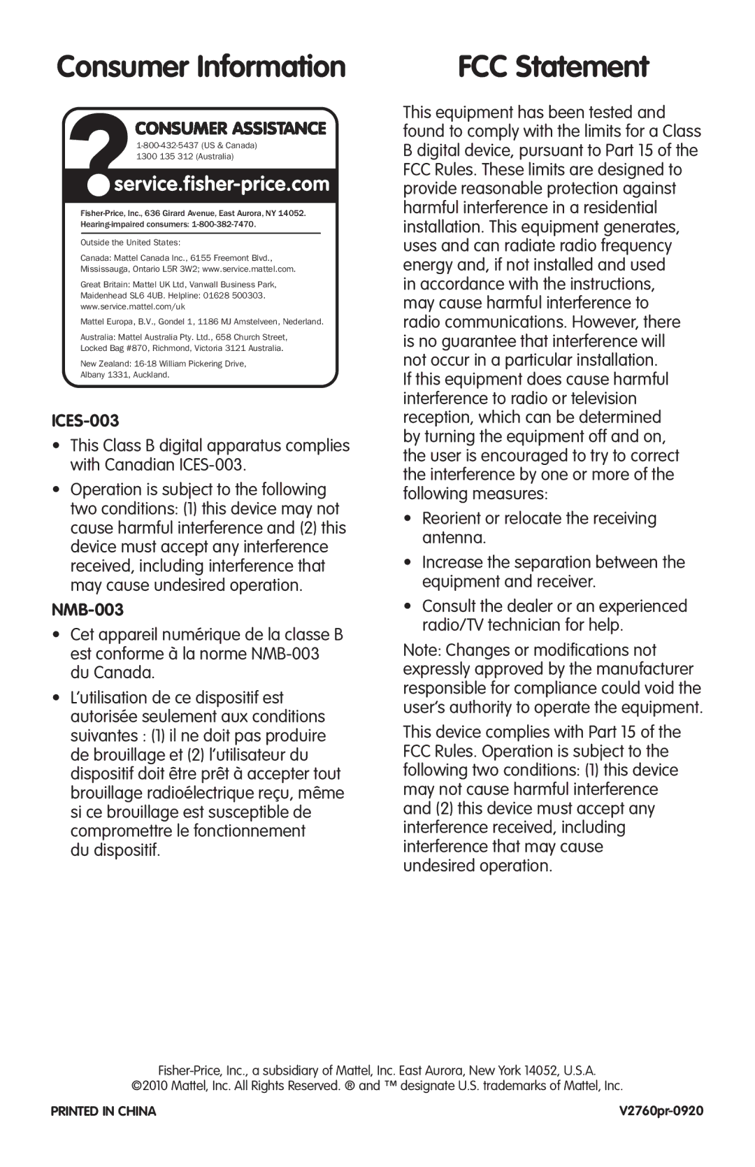 Fisher-Price V2760 instruction sheet Consumer Information, FCC Statement, ICES-003, NMB-003 