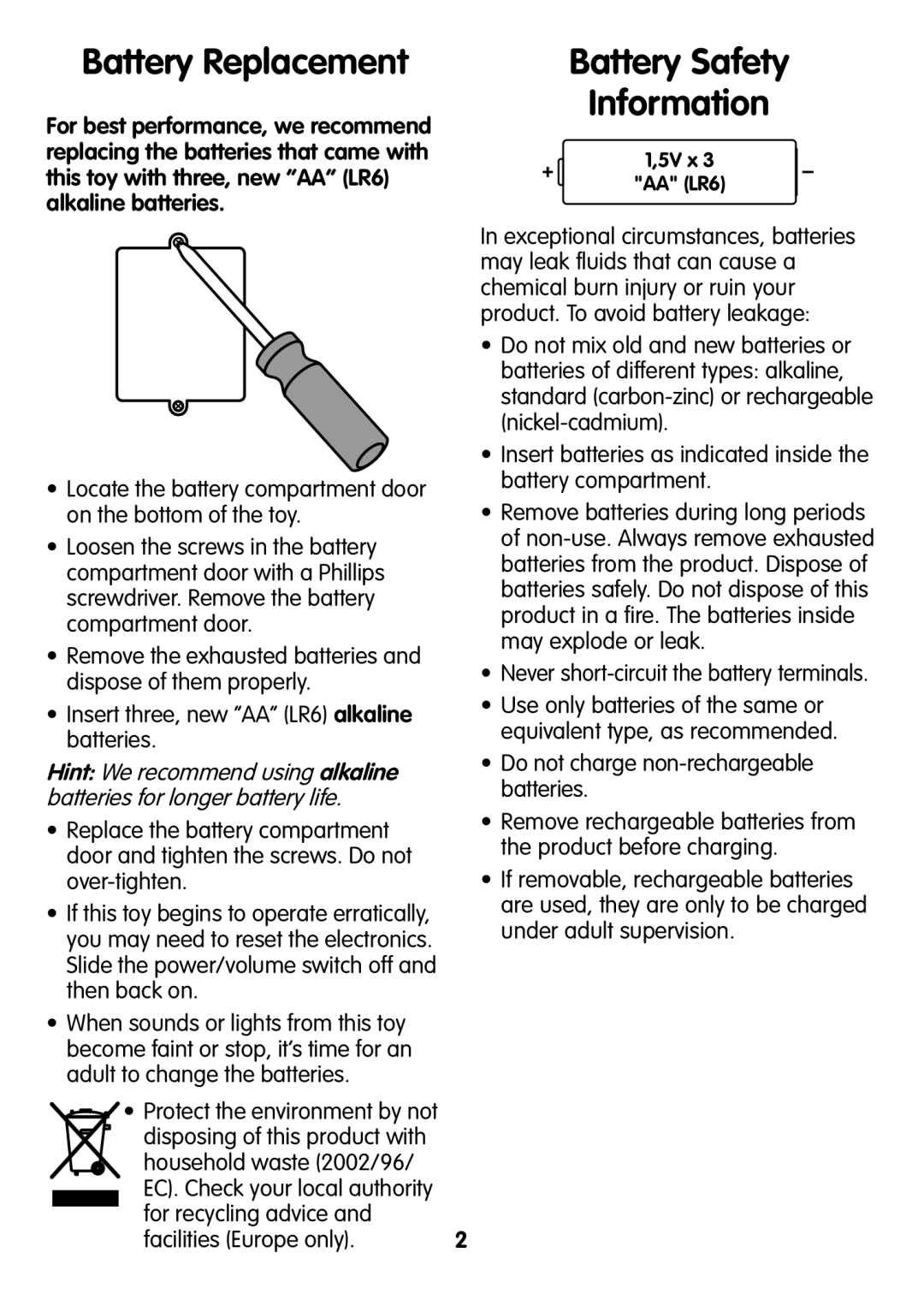 Fisher-Price V2770 instruction sheet Battery Replacement, Battery Safety Information 