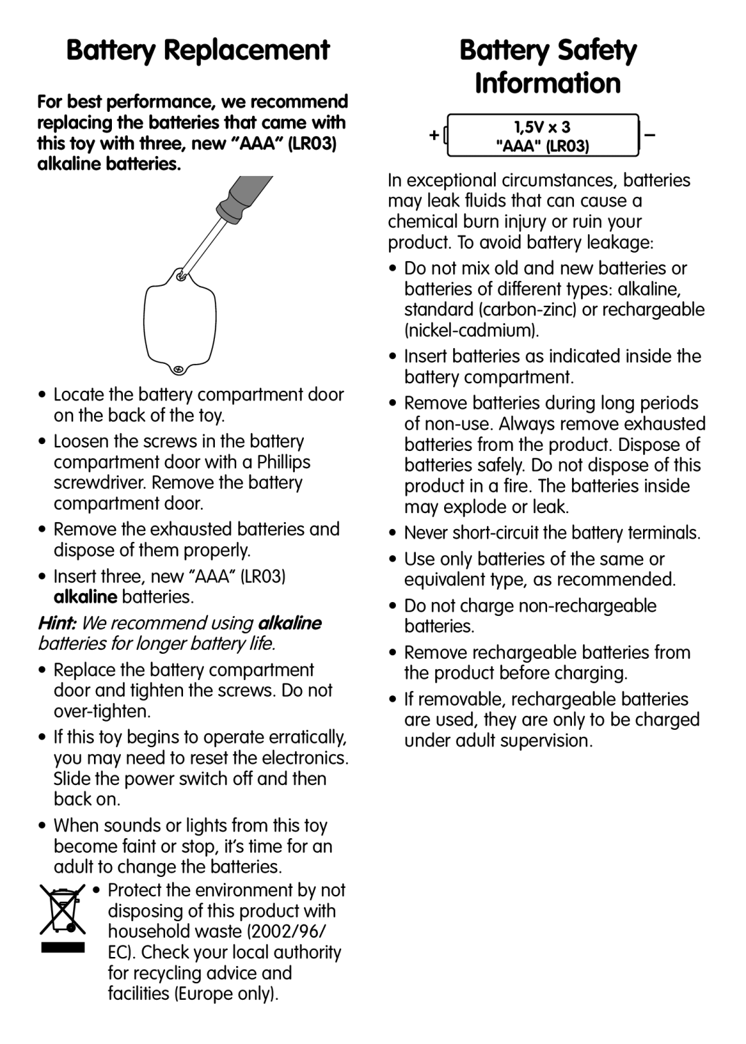 Fisher-Price V2778 instruction sheet Battery Replacement, Battery Safety Information 