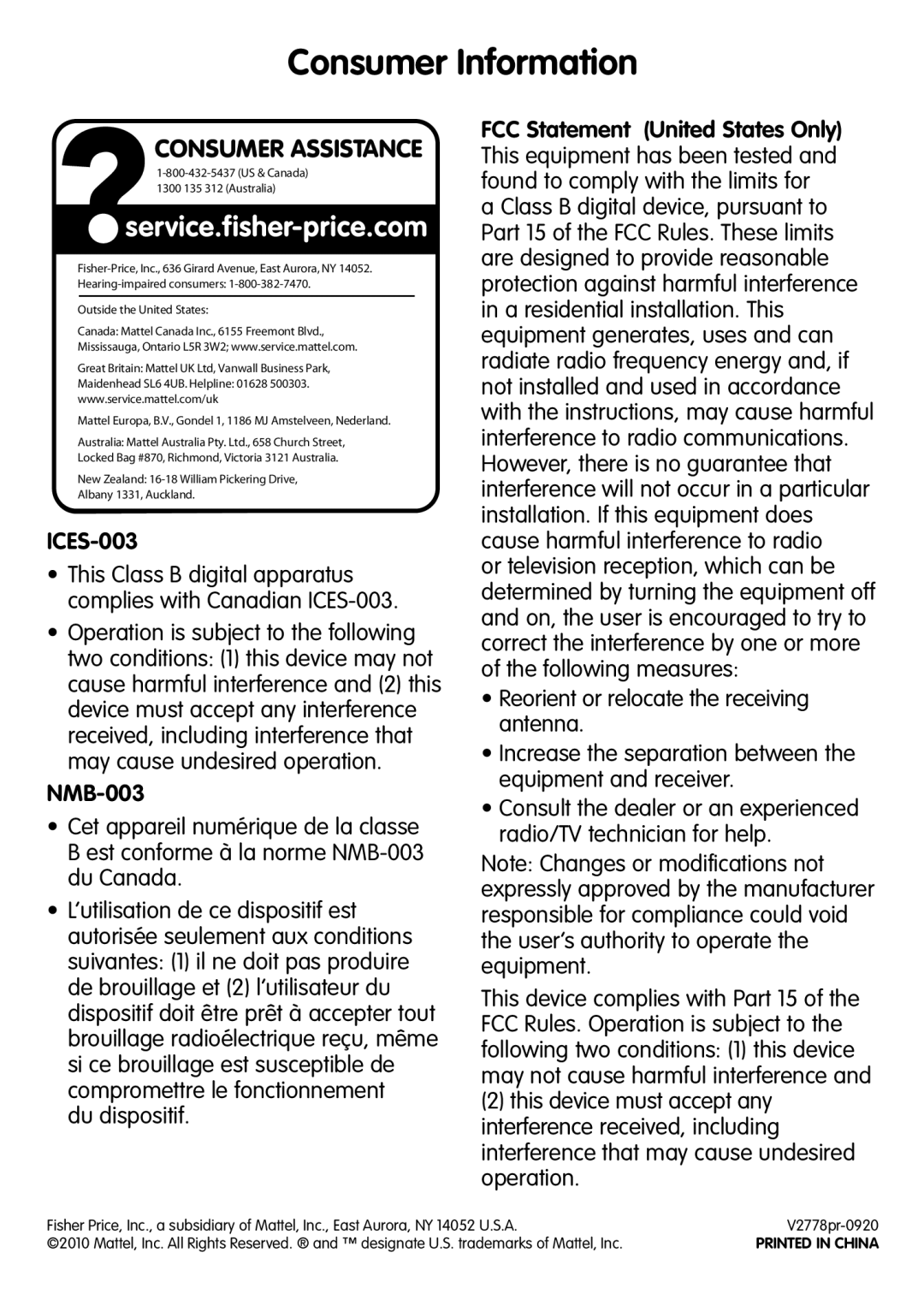 Fisher-Price V2778 instruction sheet Consumer Information, Consumer Assistance 