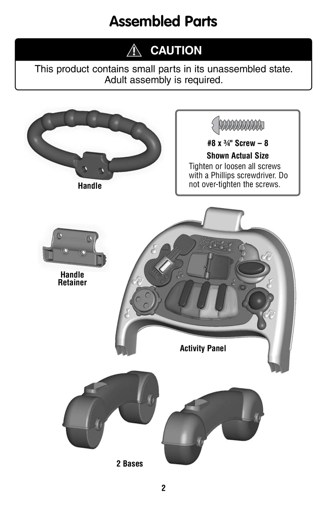 Fisher-Price V3254 instruction sheet Assembled Parts, #8 x ¾ Screw, Shown Actual Size 