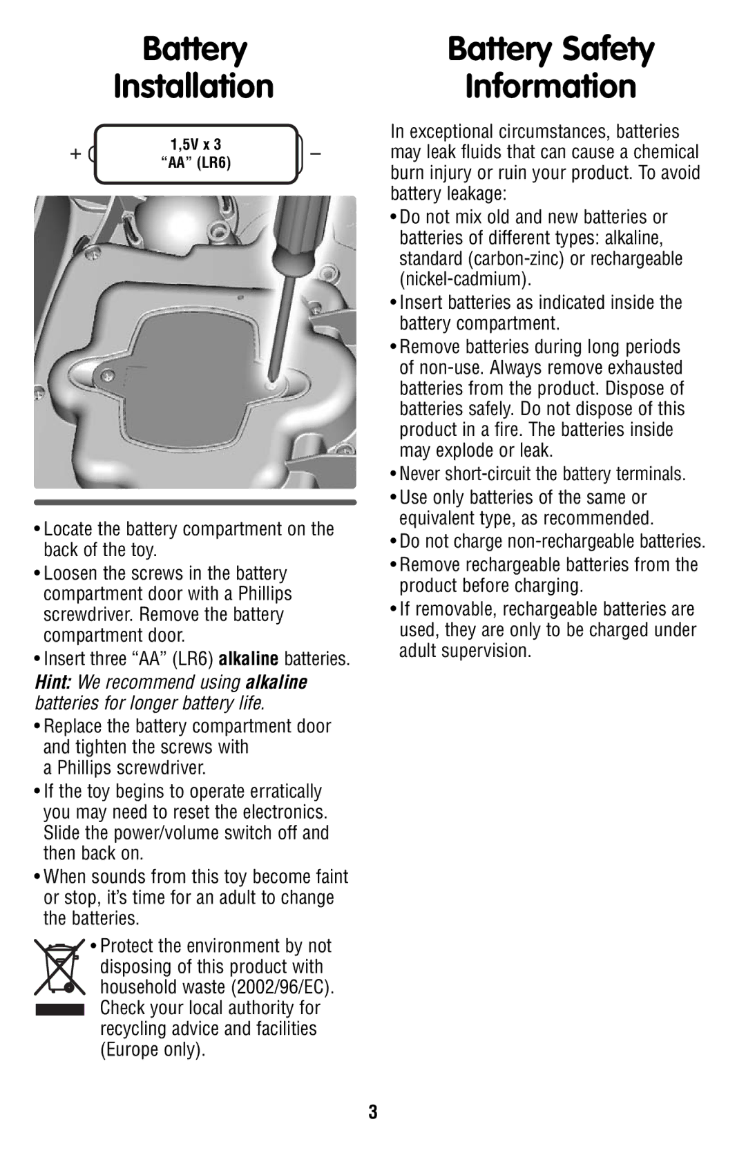 Fisher-Price V3254 Battery Installation, Battery Safety Information, Never short-circuit the battery terminals 