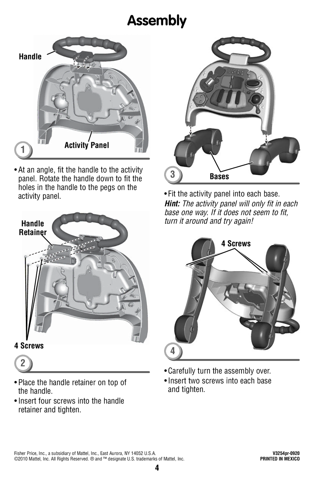 Fisher-Price V3254 instruction sheet Assembly, Handle Activity Panel, Handle Retainer Screws 