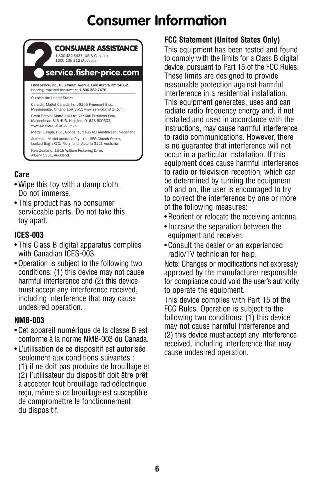 Fisher-Price V3254 instruction sheet Consumer Information, Care, ICES-003, NMB-003, FCC Statement United States Only 