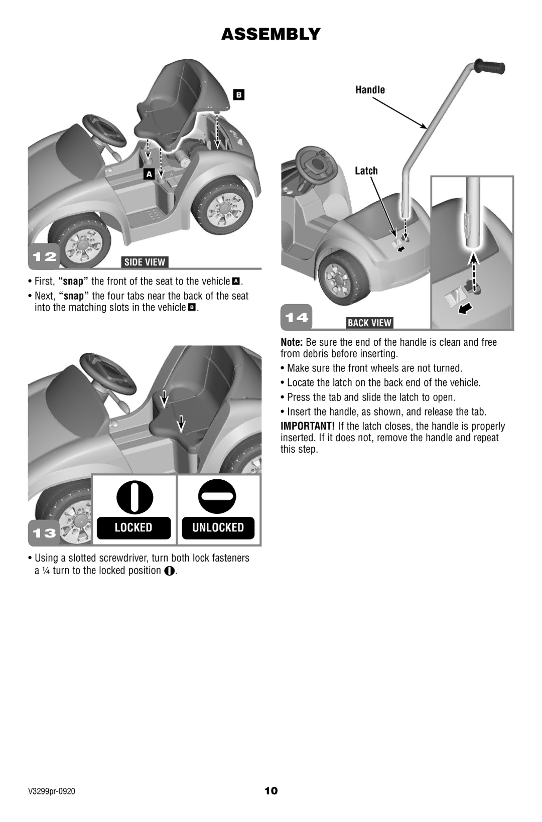 Fisher-Price V3299 owner manual Unlocked, Handle Latch 