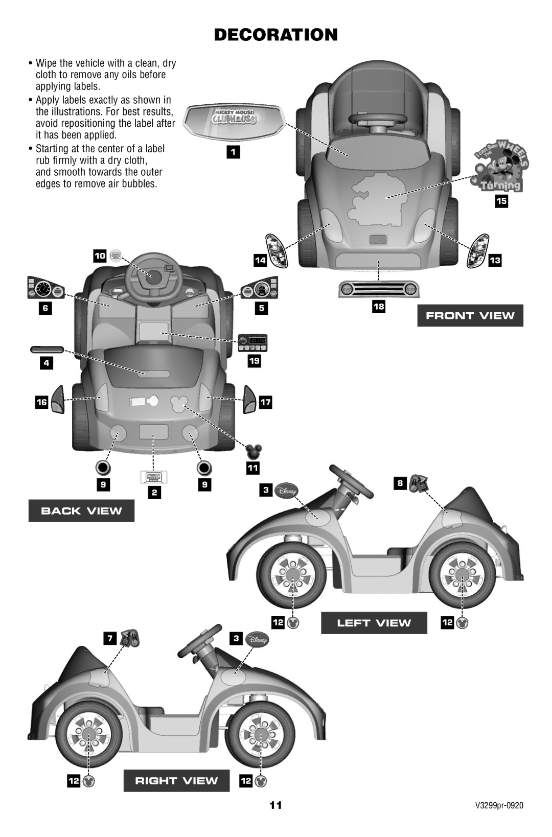 Fisher-Price V3299 owner manual Decoration, Starting at the center of a label 