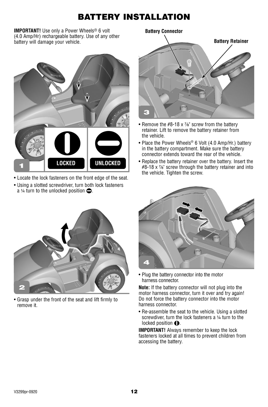 Fisher-Price V3299 owner manual Battery Installation, Battery Connector 