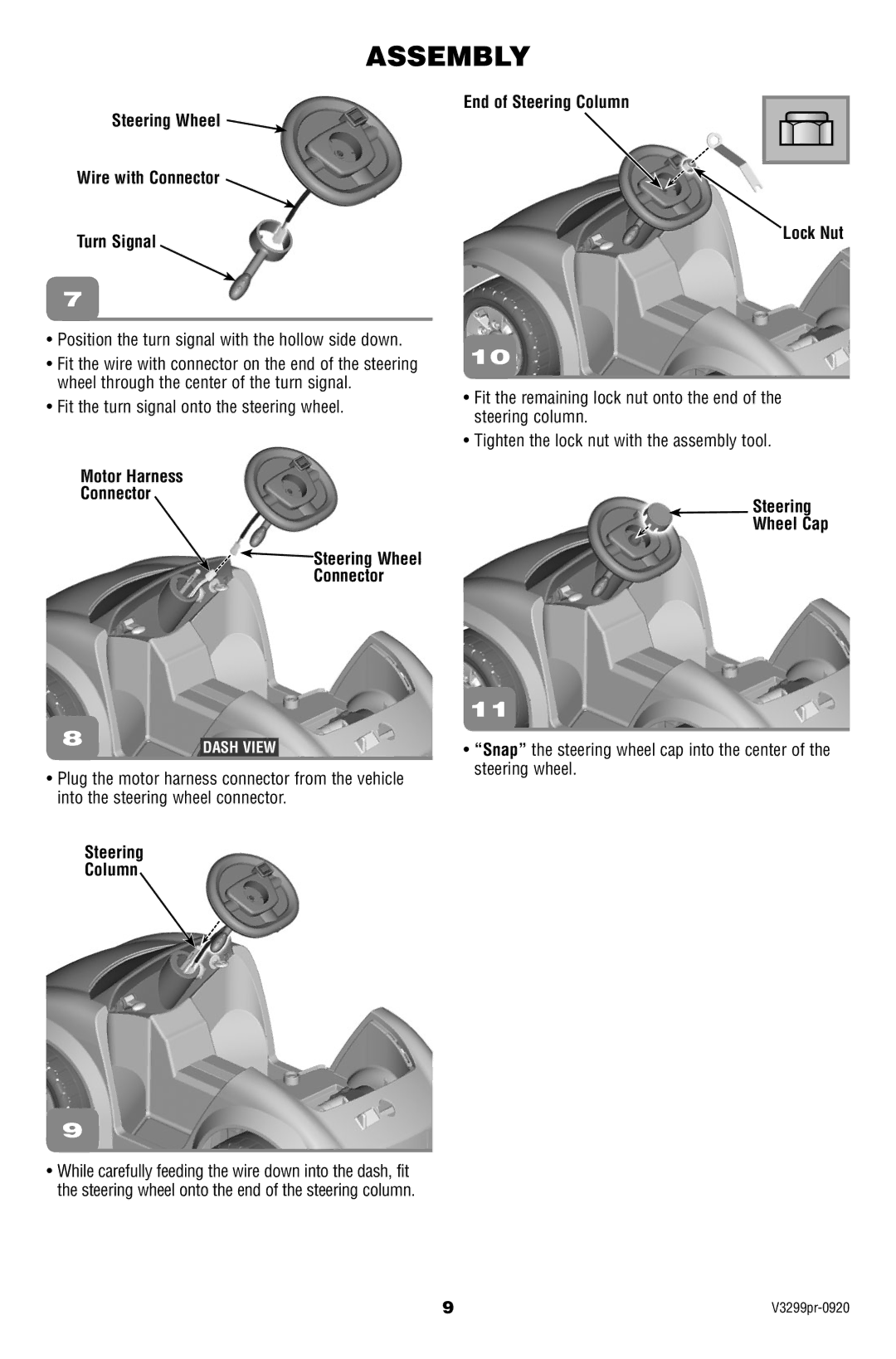Fisher-Price V3299 owner manual Steering Wheel Wire with Connector Turn Signal, Motor Harness Connector Steering Wheel 
