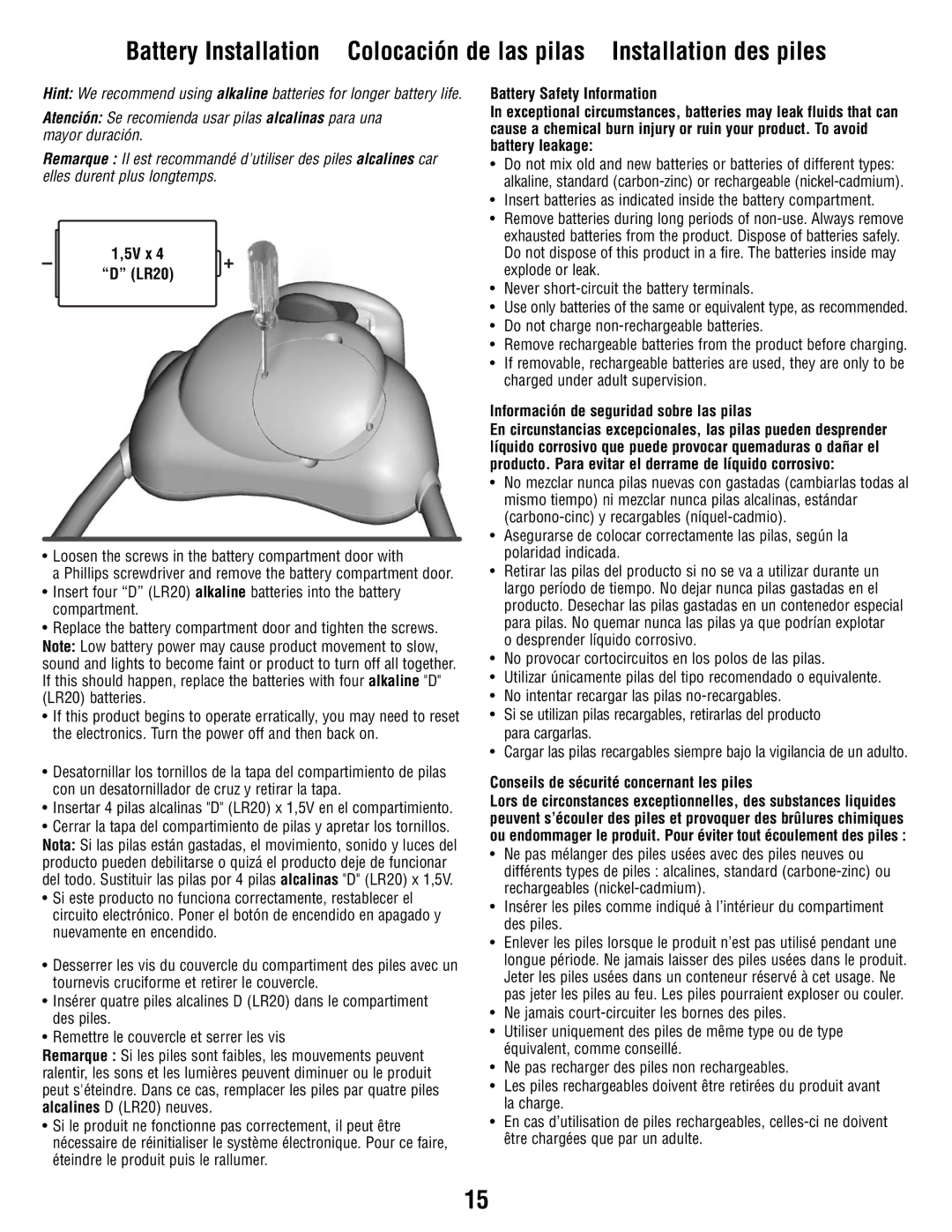 Fisher-Price W0386 5V x LR20, Información de seguridad sobre las pilas, Conseils de sécurité concernant les piles 