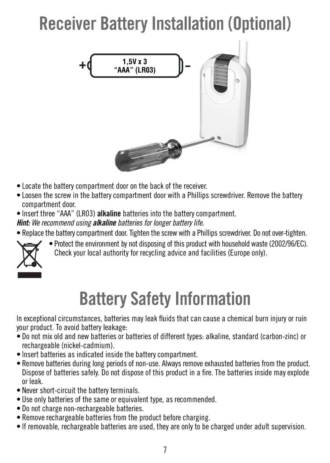 Fisher-Price V4340 manual Battery Safety Information, Receiver Battery Installation Optional 