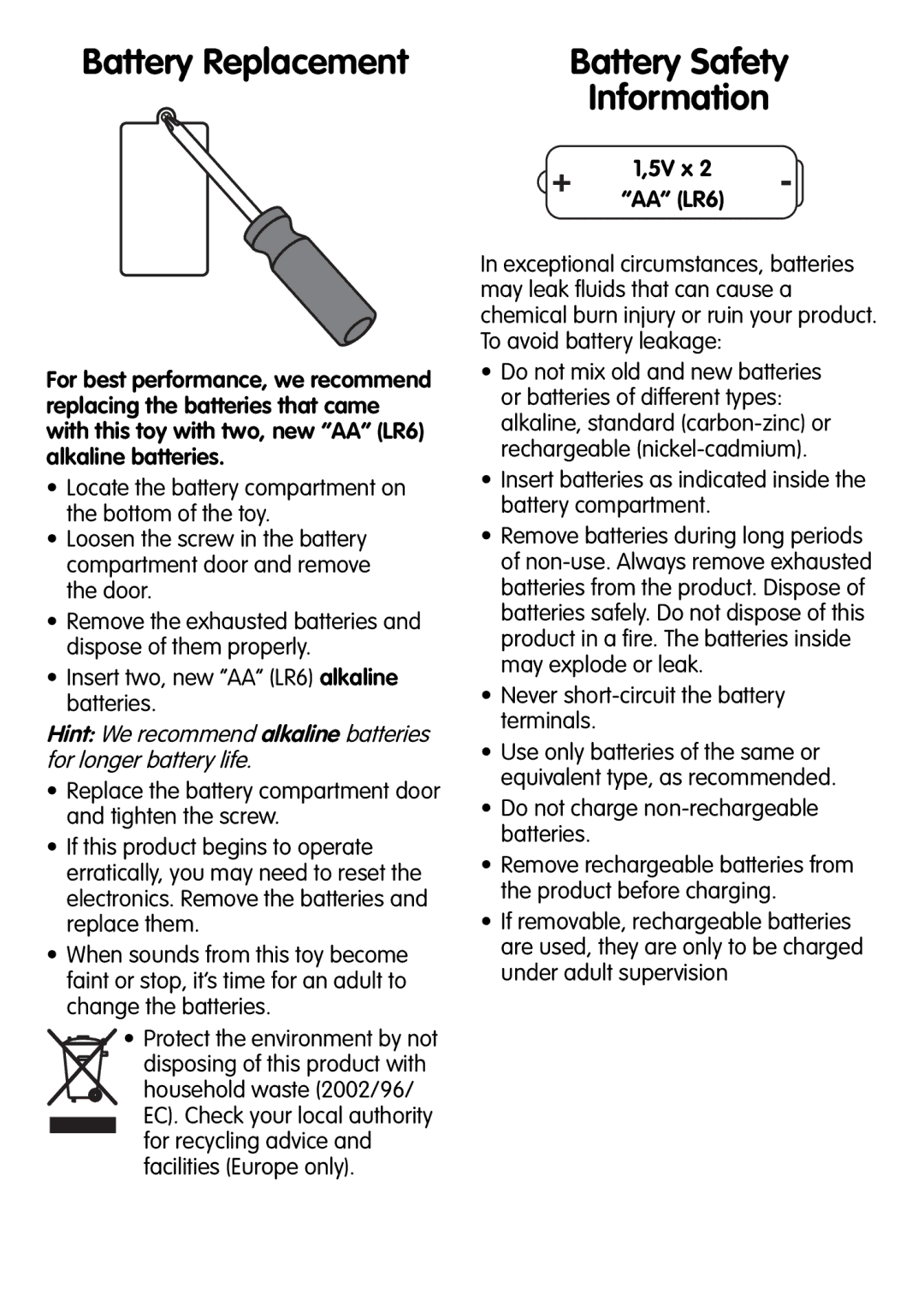 Fisher-Price V4348 manual Battery Replacement, Battery Safety Information, 5V x AA LR6 